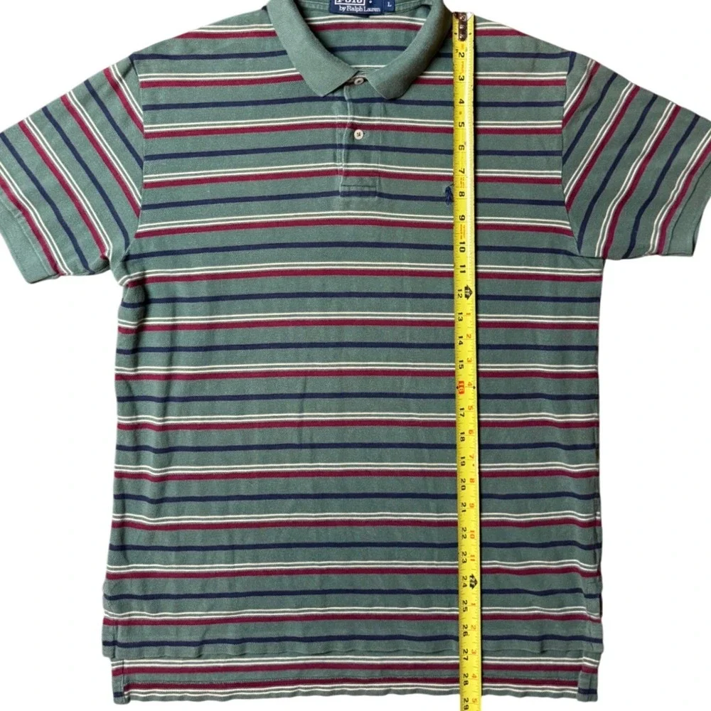 Polo Ralph Lauren Mens Large Green Striped Short Sleeve Cotton Polo Shirt‎